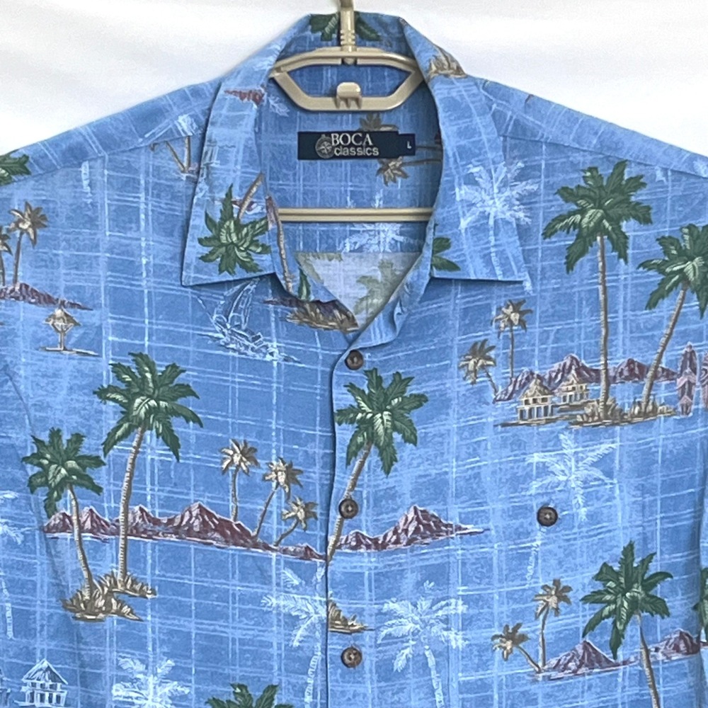 Boca Classics Mens Button Down Shirt L Blue S/Sleeve Tropical Palm Tree Hawaiian - Picture 4 of 7